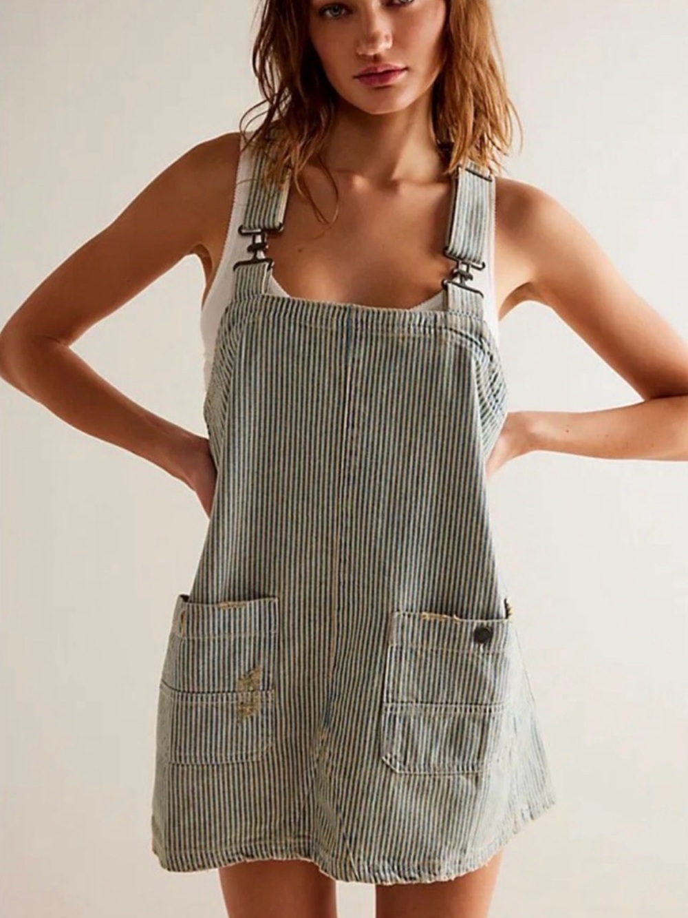 Free People Railroad Striped Denim Overall Dress in size M